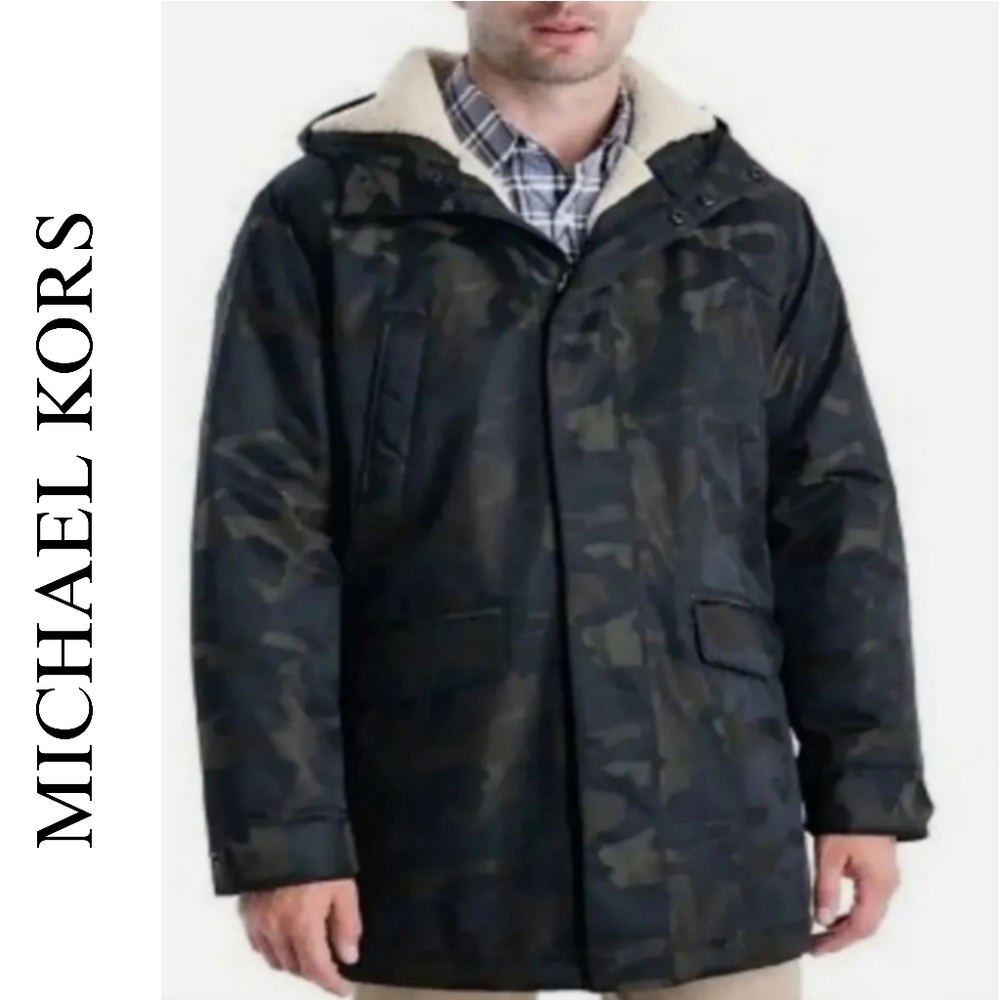 MICHAEL KORS Men's Hooded Stadium Parka Faux Sherpa Camo Jacket LT Big &…